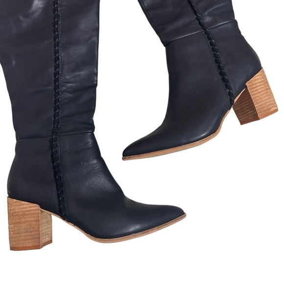 Ccocci black leather knee high pointed toe stacked wooden heel boots 8.5 - Picture 7 of 8